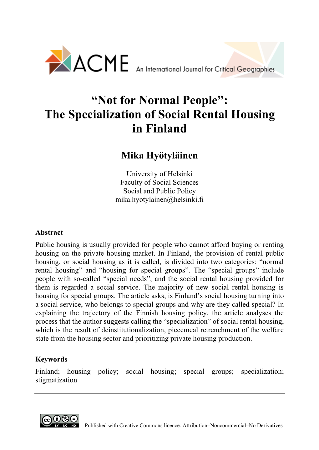 The Specialization of Social Rental Housing in Finland