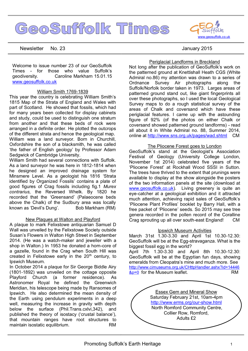 Newsletter No. 23 January 2015 Promoting Suffolk's Earth Heritage