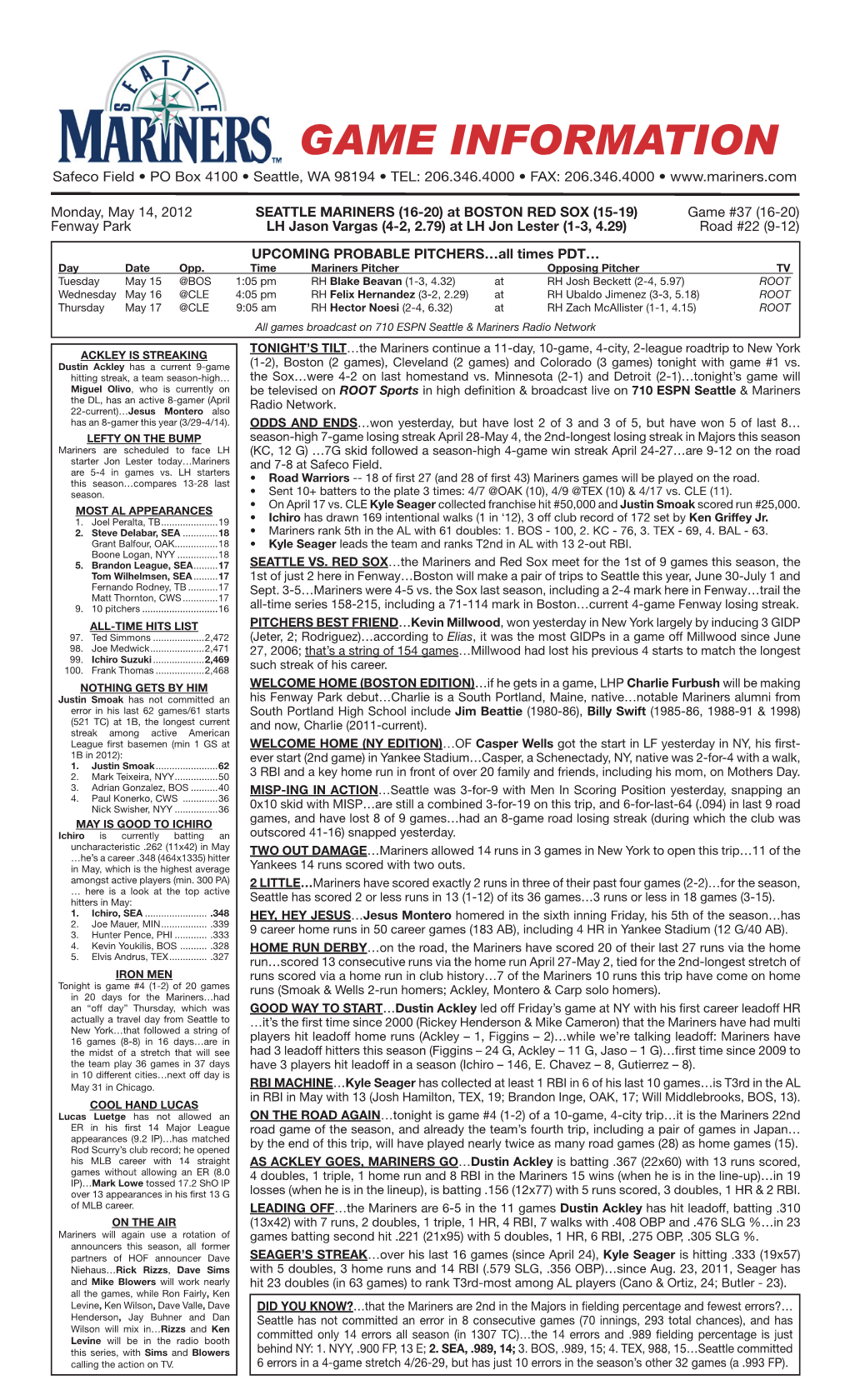 Mariners Game Notes • MONDAY • MAY 14, 2012 • at BOSTON RED SOX • Page 2