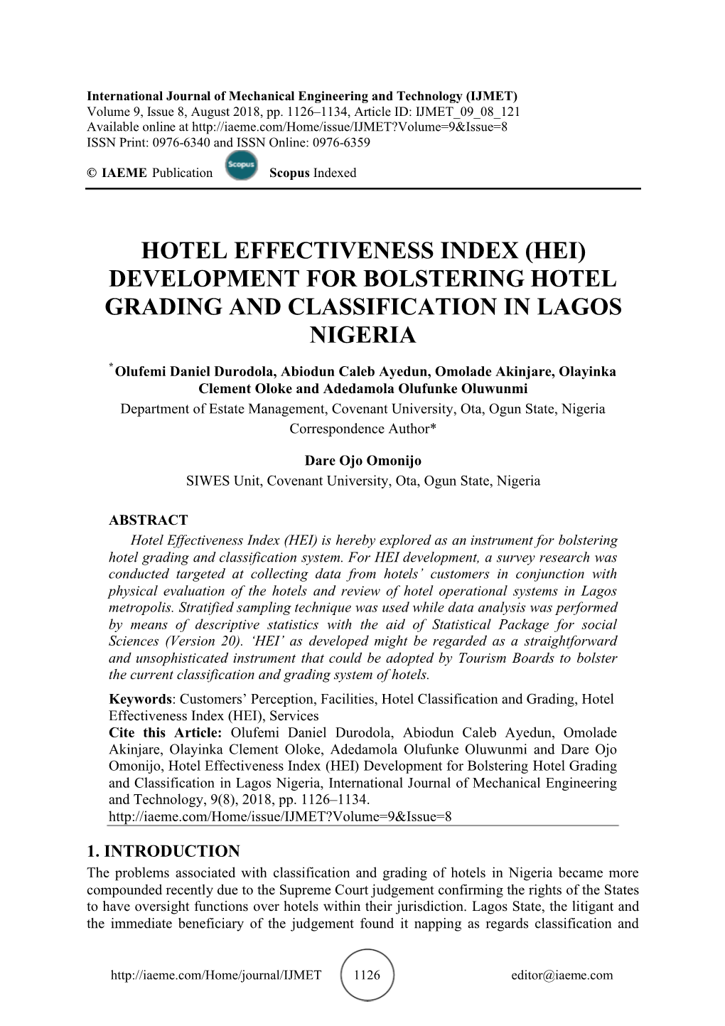 (Hei) Development for Bolstering Hotel Grading and Classification in Lagos Nigeria