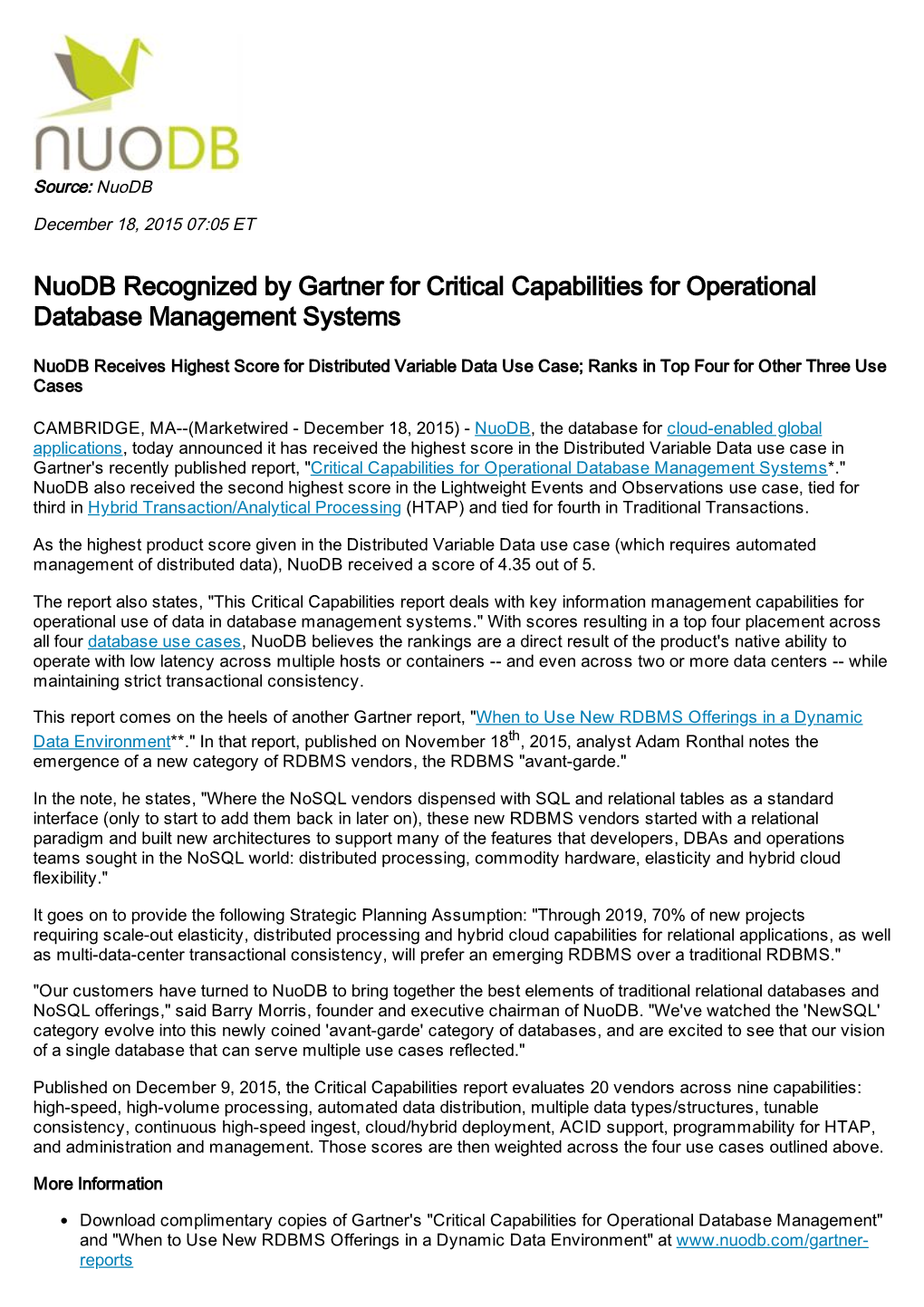 Nuodb Recognized by Gartner for Critical Capabilities for Operational Database Management Systems