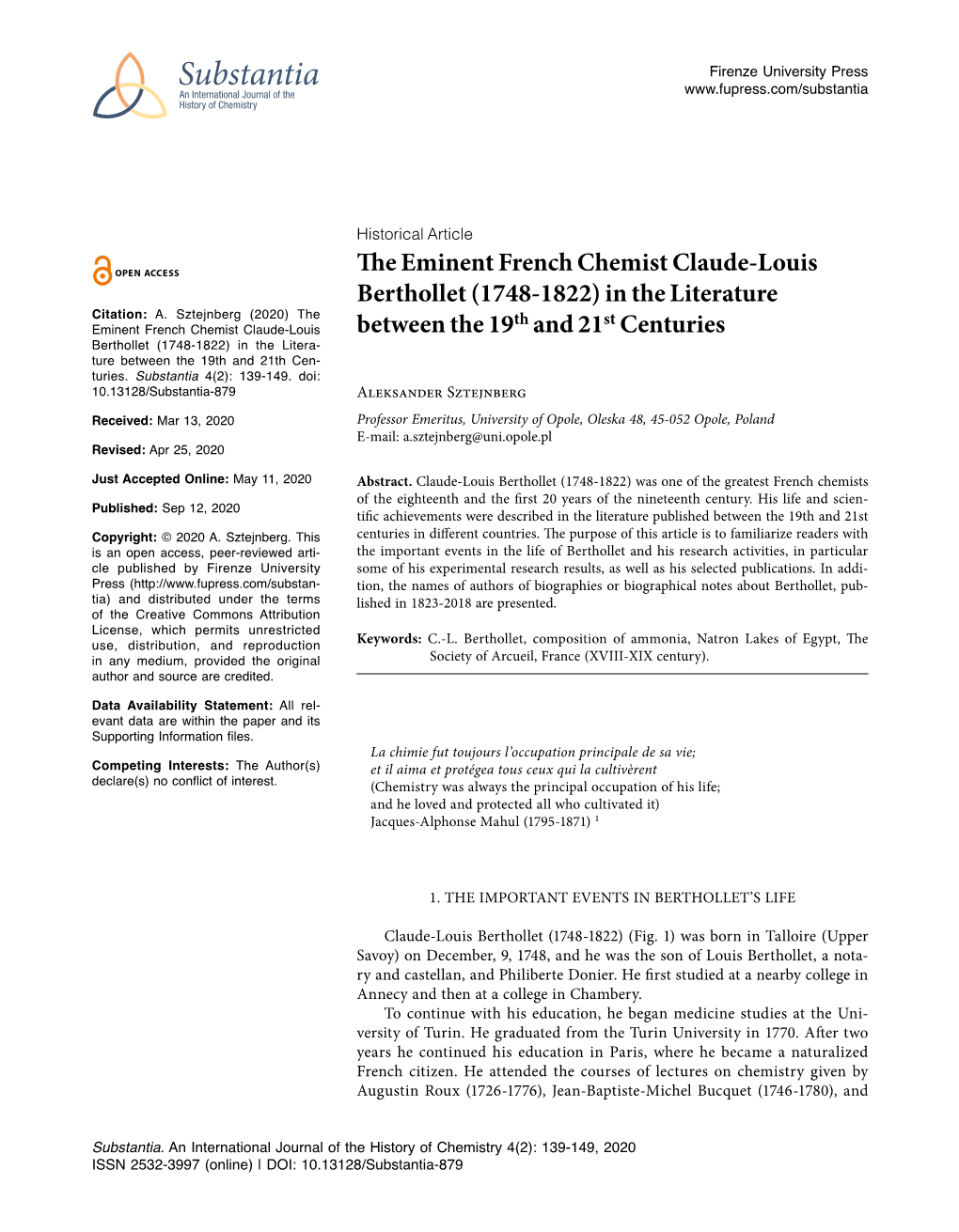 The Eminent French Chemist Claude-Louis Berthollet (1748-1822) in the Literature Between the 19Th and 21St Centuries