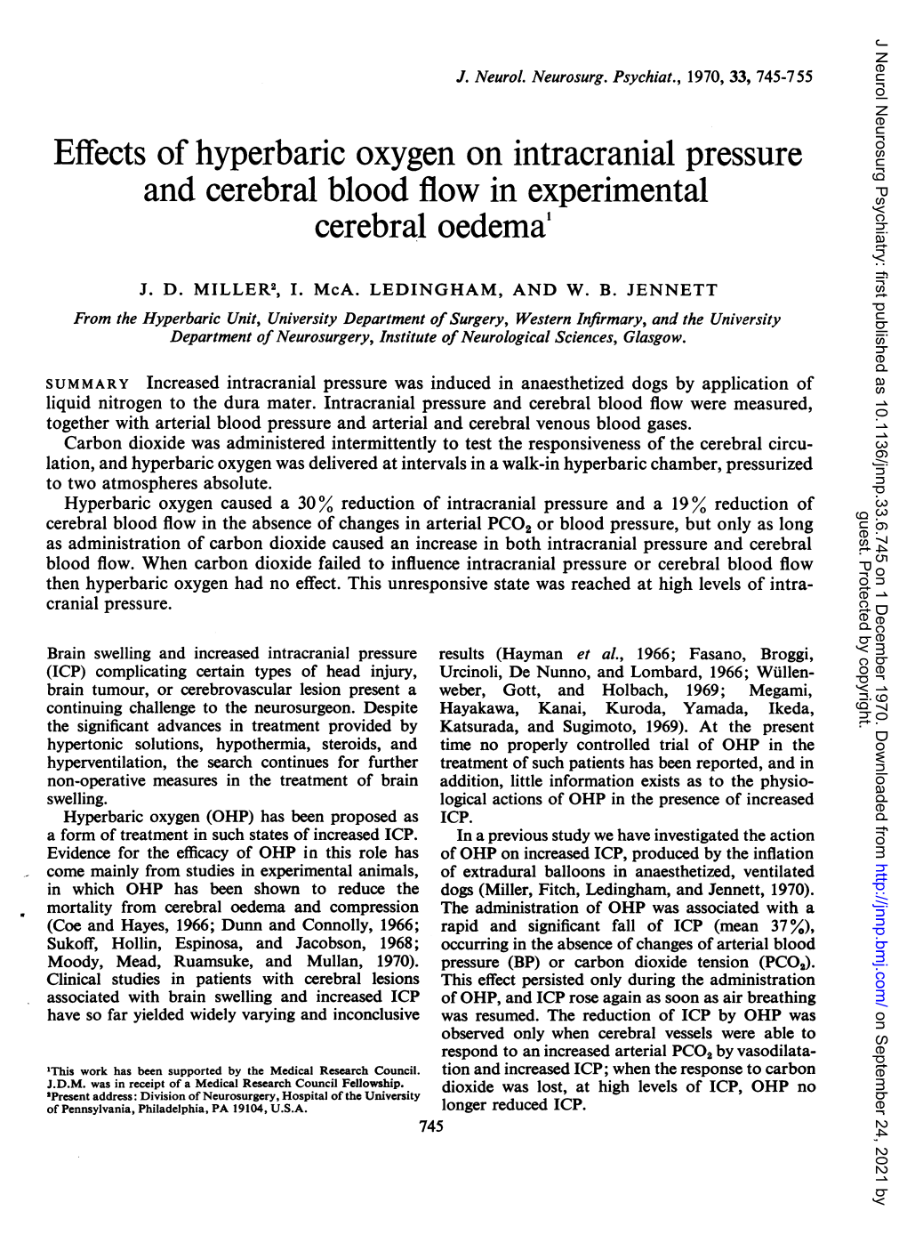 Effects of Hyperbaric Oxygen on Intracranial Pressure and Cerebral Blood Flow in Experimental Cerebral Oedema'