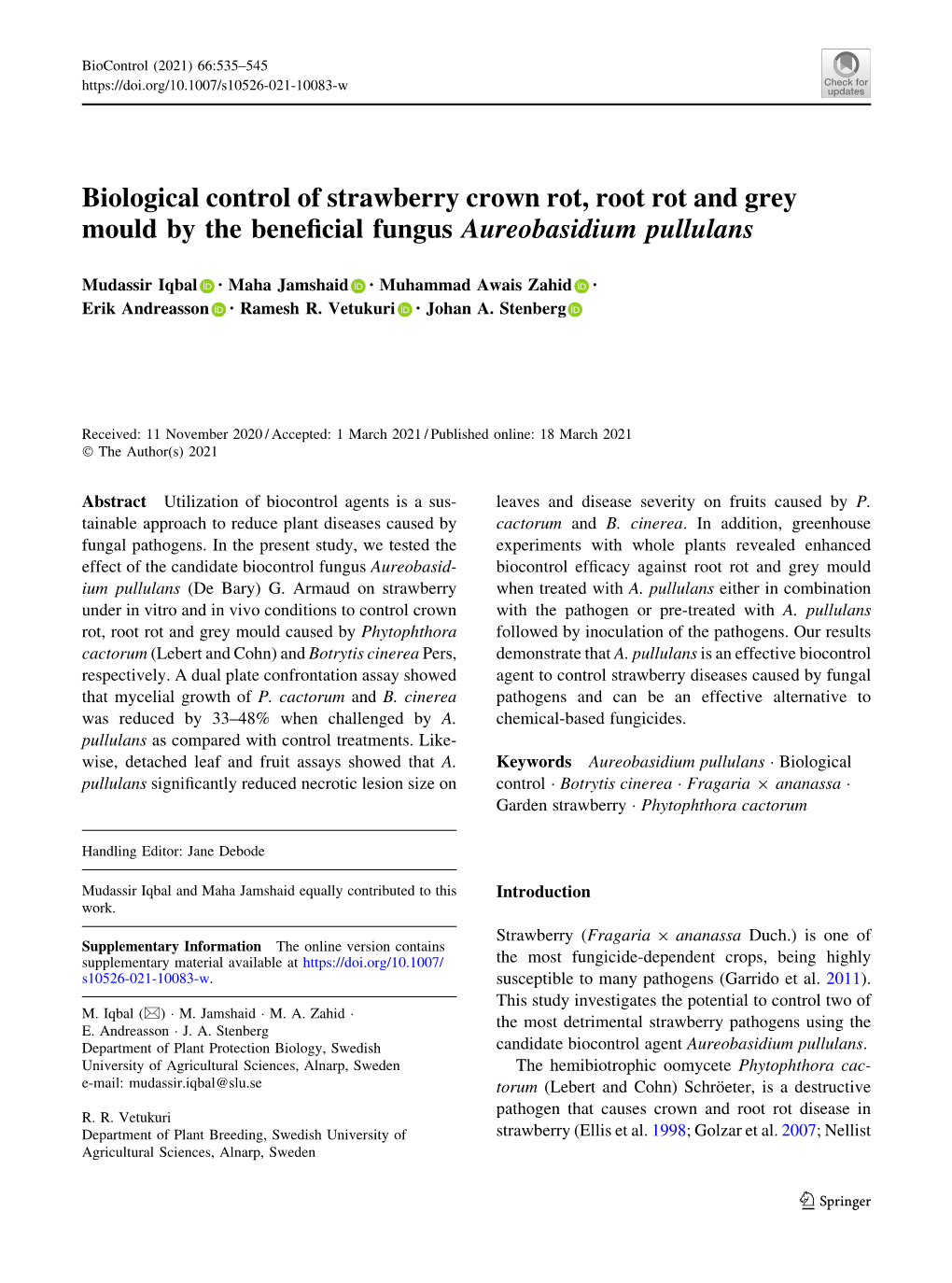 Biological Control of Strawberry Crown Rot, Root Rot and Grey Mould by the Beneficial Fungus Aureobasidium Pullulans