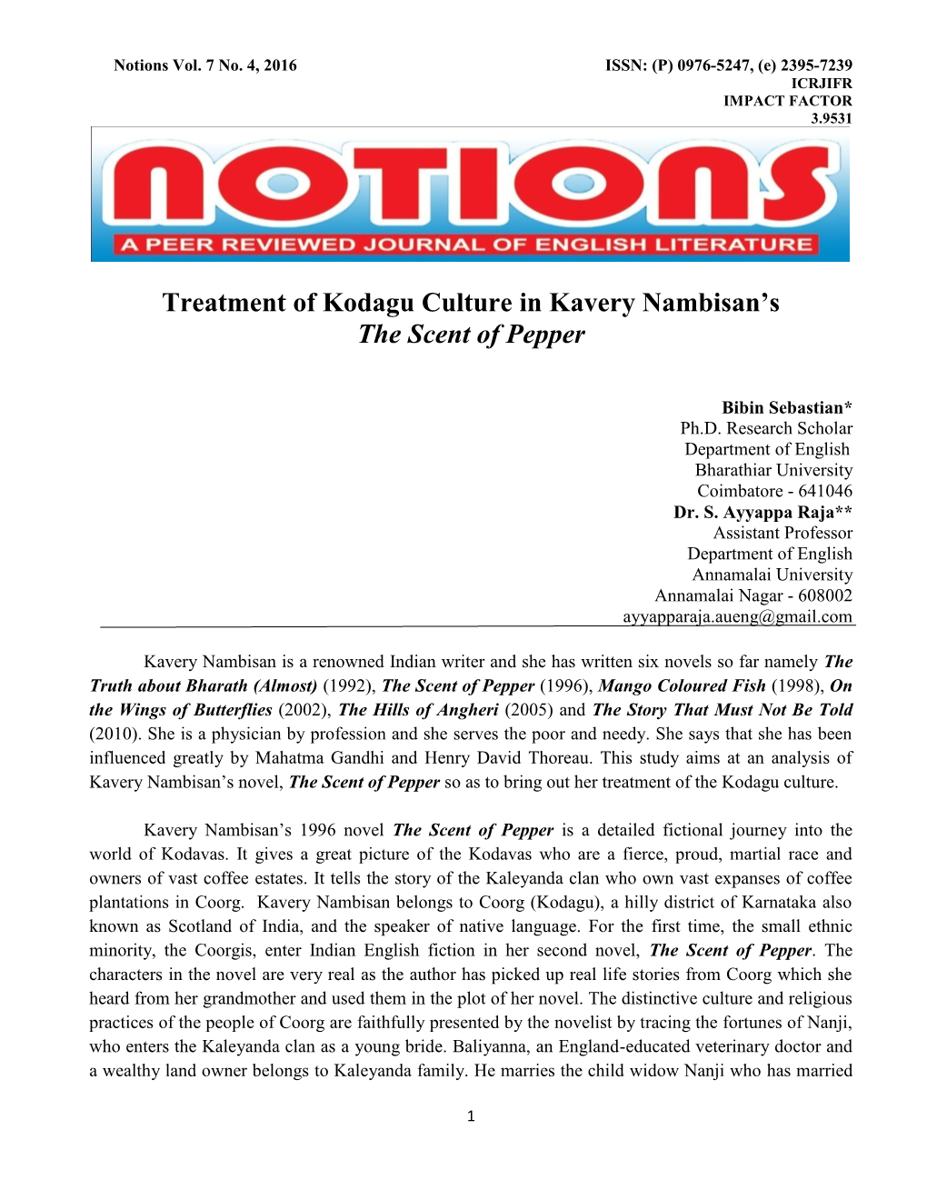 Treatment of Kodagu Culture in Kavery Nambisan's the Scent Of