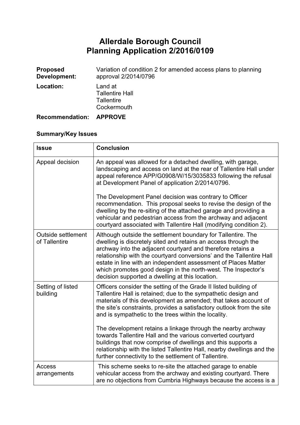 Allerdale Borough Council Planning Application 2/2016/0109