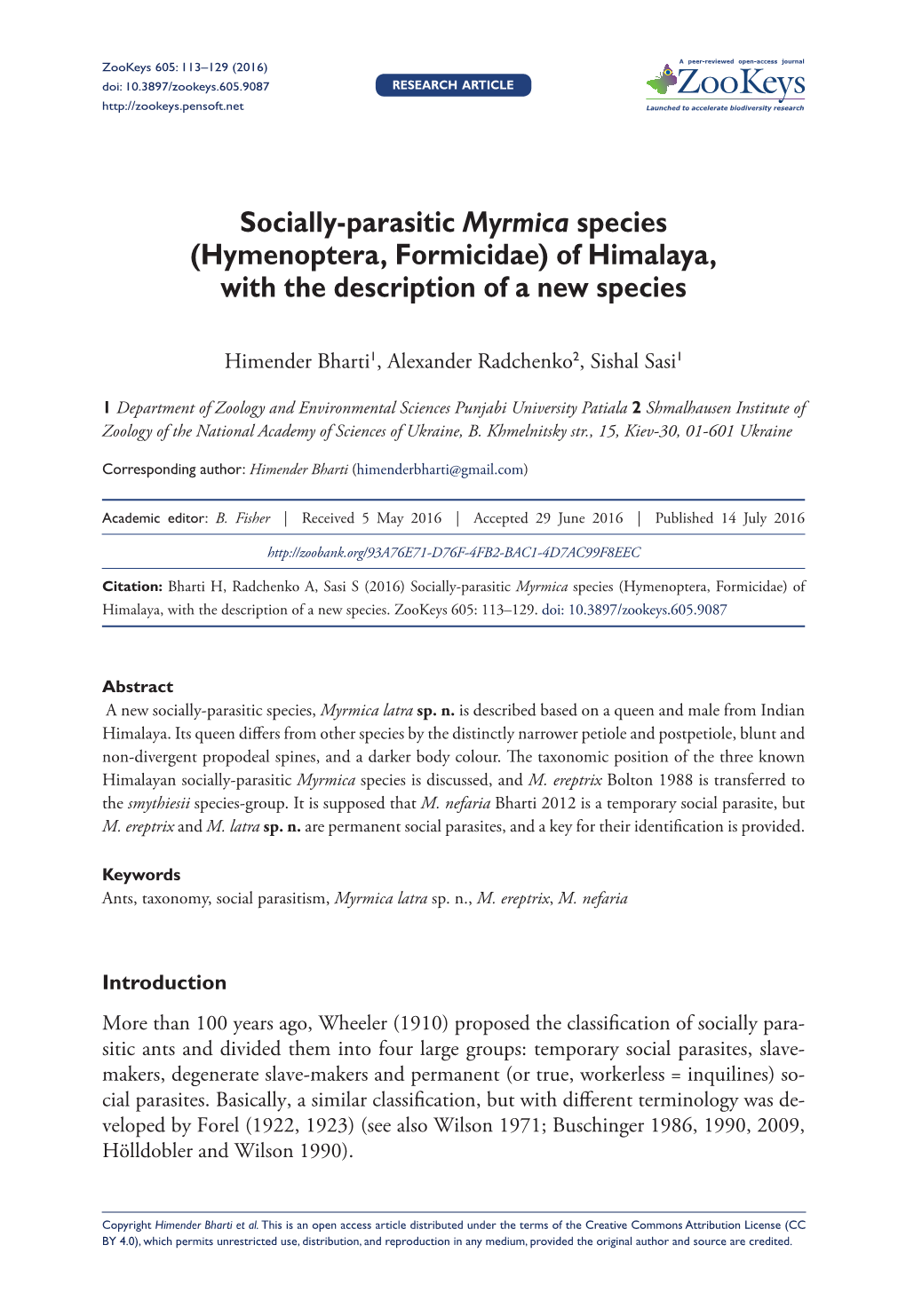 Socially-Parasitic Myrmica Species (Hymenoptera, Formicidae) of Himalaya, with the Description of a New Species