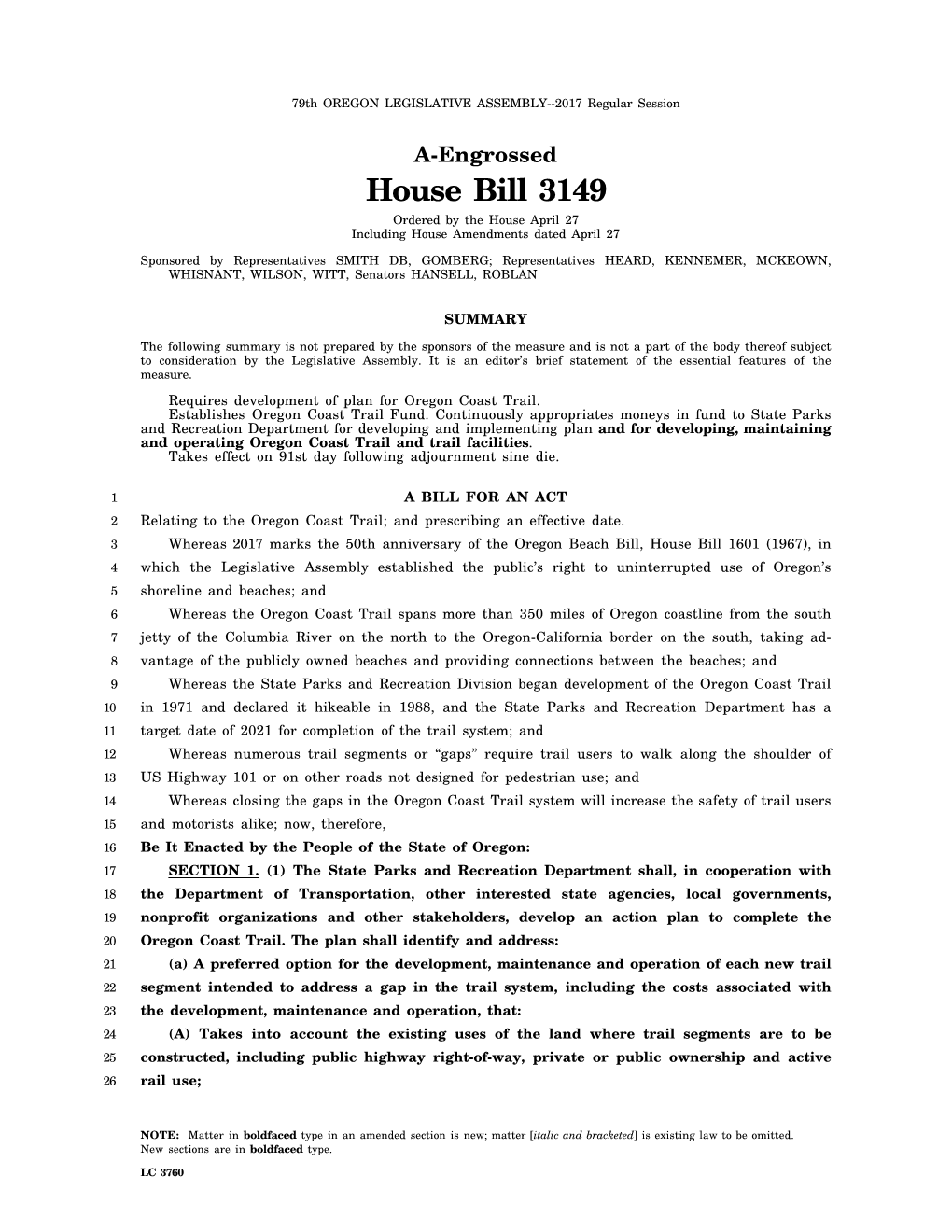 House Bill 3149 Ordered by the House April 27 Including House Amendments Dated April 27