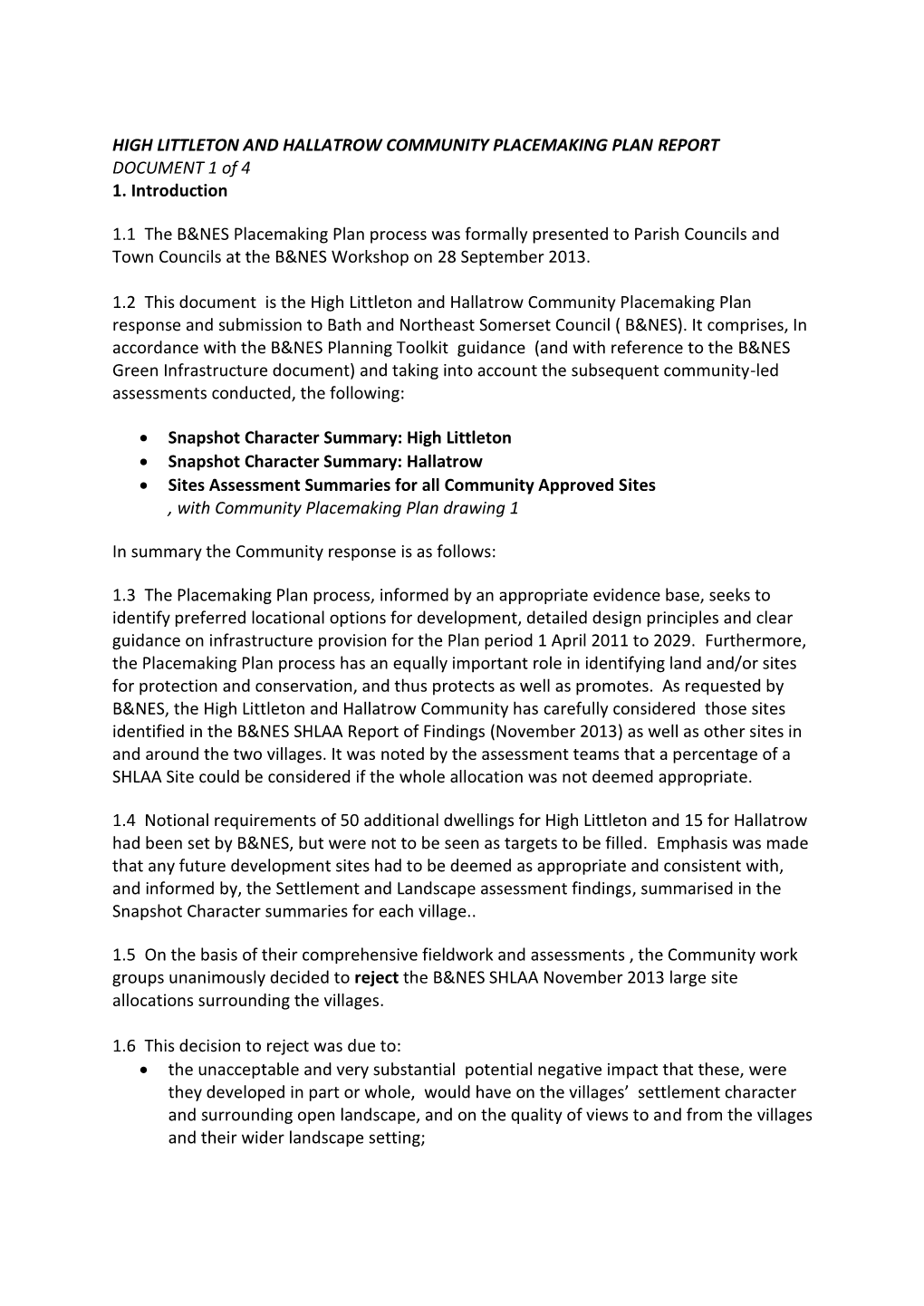 HIGH LITTLETON and HALLATROW COMMUNITY PLACEMAKING PLAN REPORT DOCUMENT 1 of 4 1