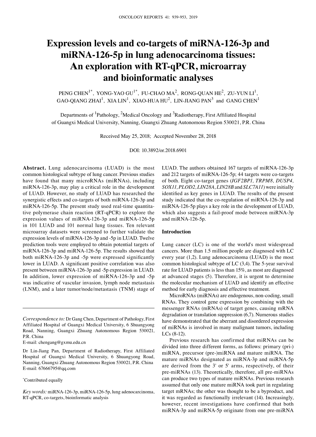 Expression Levels and Co‑Targets of Mirna‑126‑3P and Mirna‑126‑5P in Lung Adenocarcinoma Tissues: Αn Exploration with RT‑Qpcr, Microarray and Bioinformatic Analyses