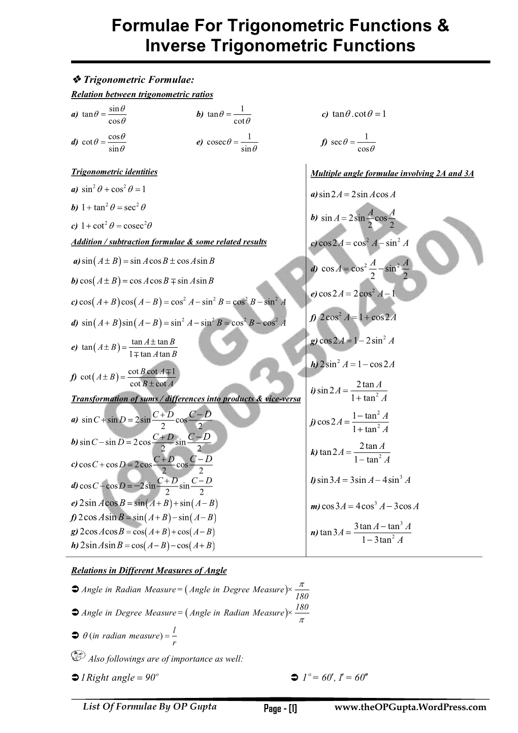 Formulae for Trigonometric Functions & Inverse