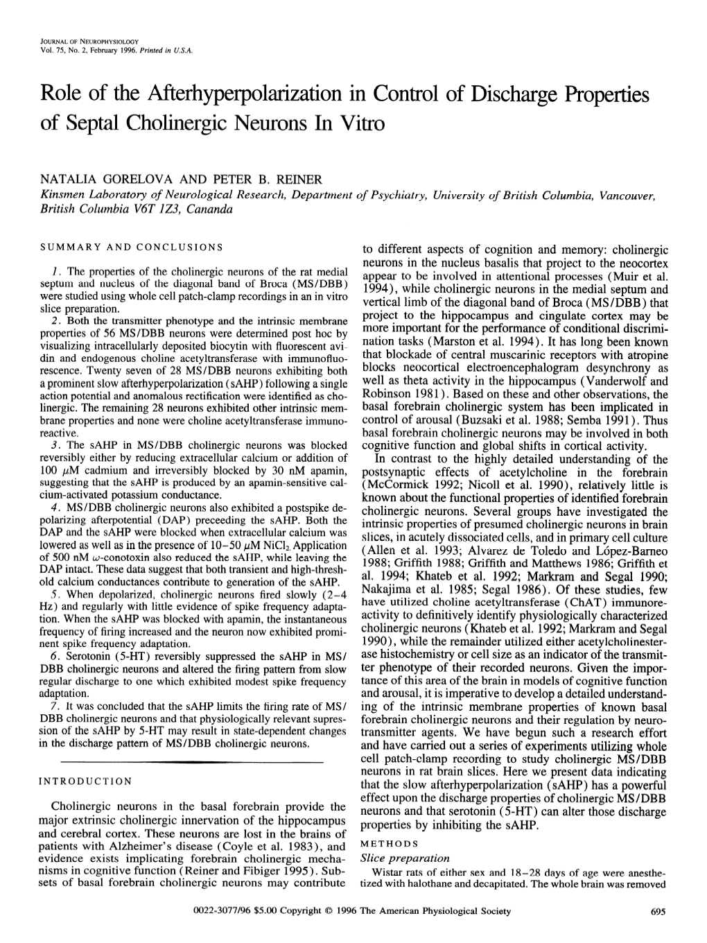 Role of the Afterhyperpolarization in Control of Discharge Properties of Septal Cholinergic Neurons in Vitro