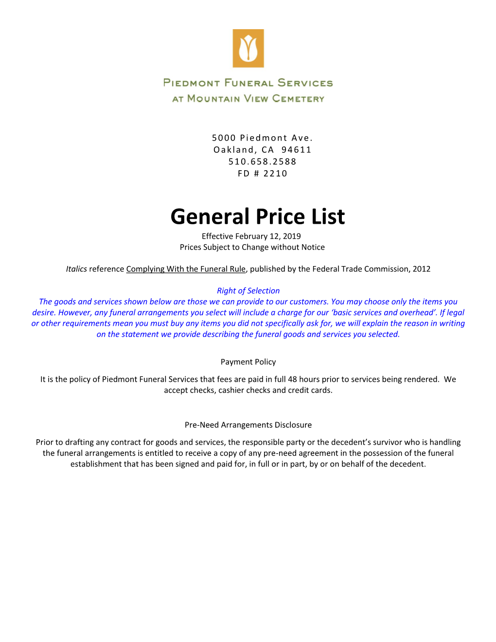 General Price List Effective February 12, 2019 Prices Subject to Change Without Notice