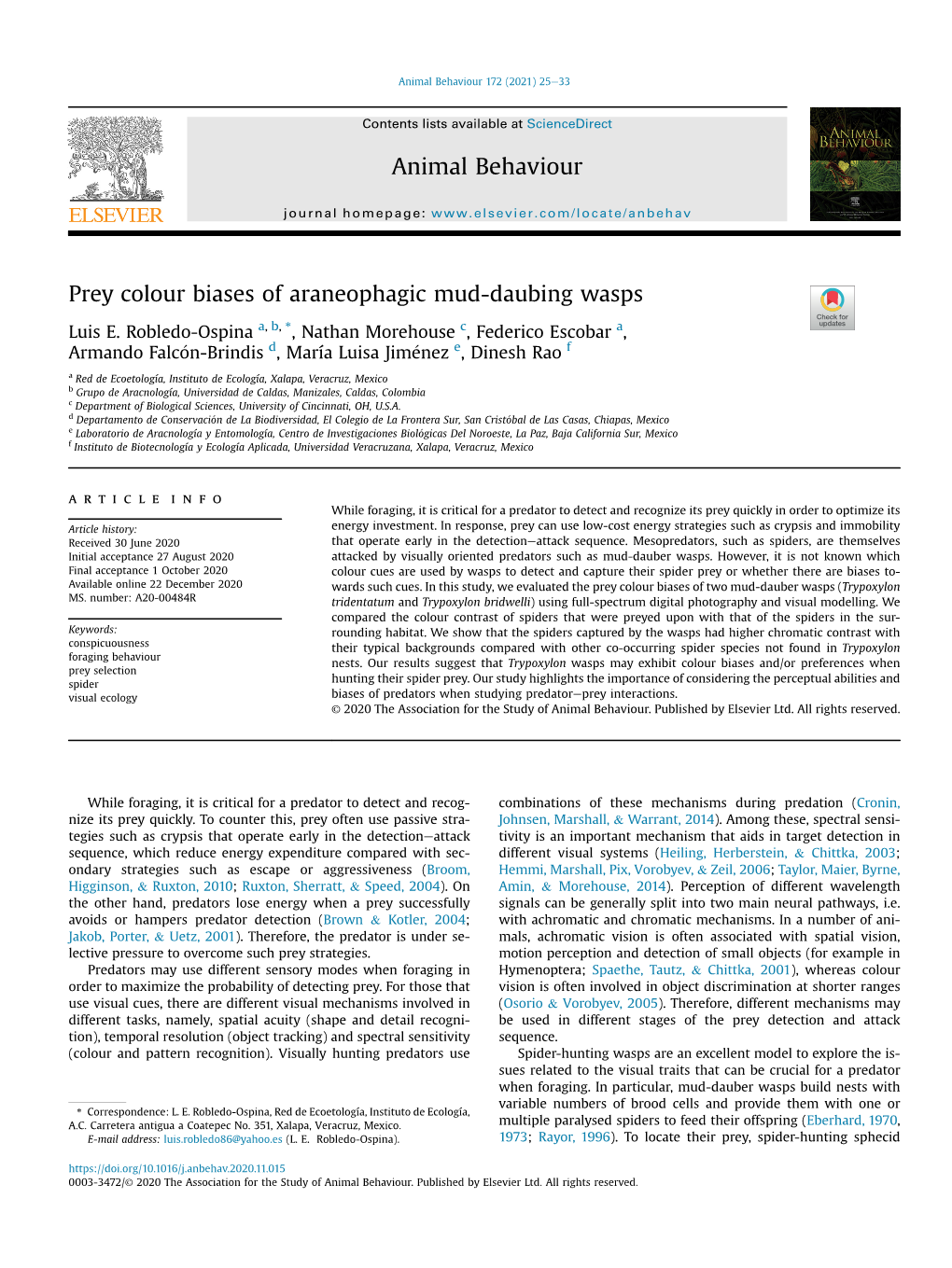 Prey Colour Biases of Araneophagic Mud-Daubing Wasps