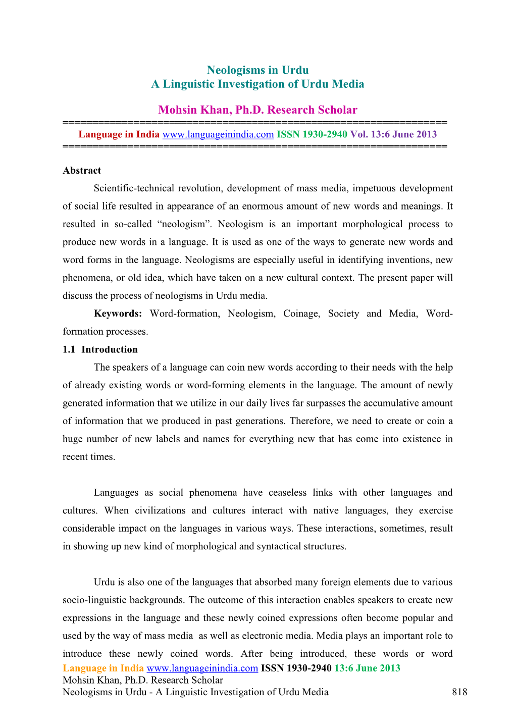 Neologisms in Urdu a Linguistic Investigation of Urdu Media Mohsin