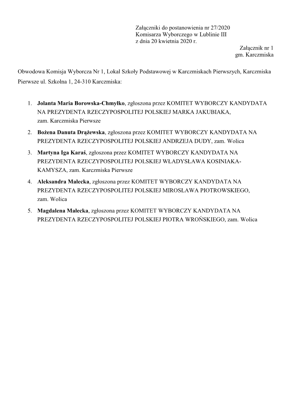 Załączniki Do Postanowienia Nr 27/2020 Komisarza Wyborczego W Lublinie III Z Dnia 20 Kwietnia 2020 R. Załącznik Nr 1 Gm. Karczmiska