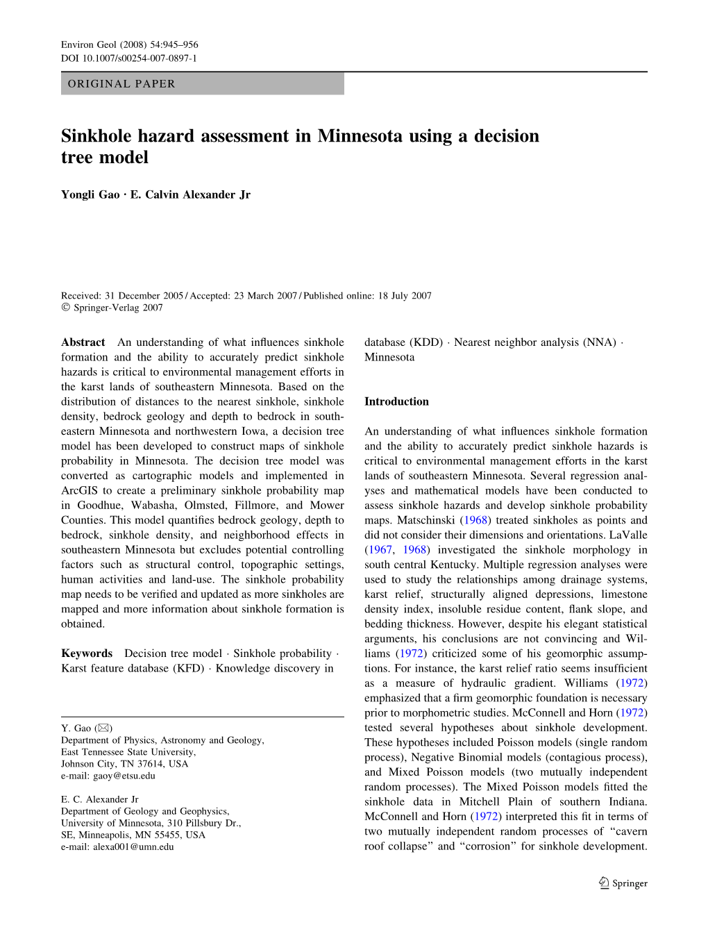 Sinkhole Hazard Assessment in Minnesota Using a Decision Tree Model