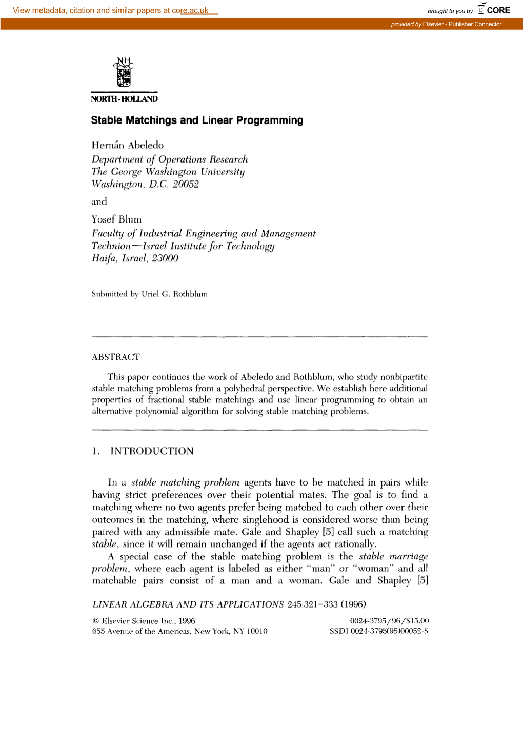 Stable Matchings and Linear Programming CORE View