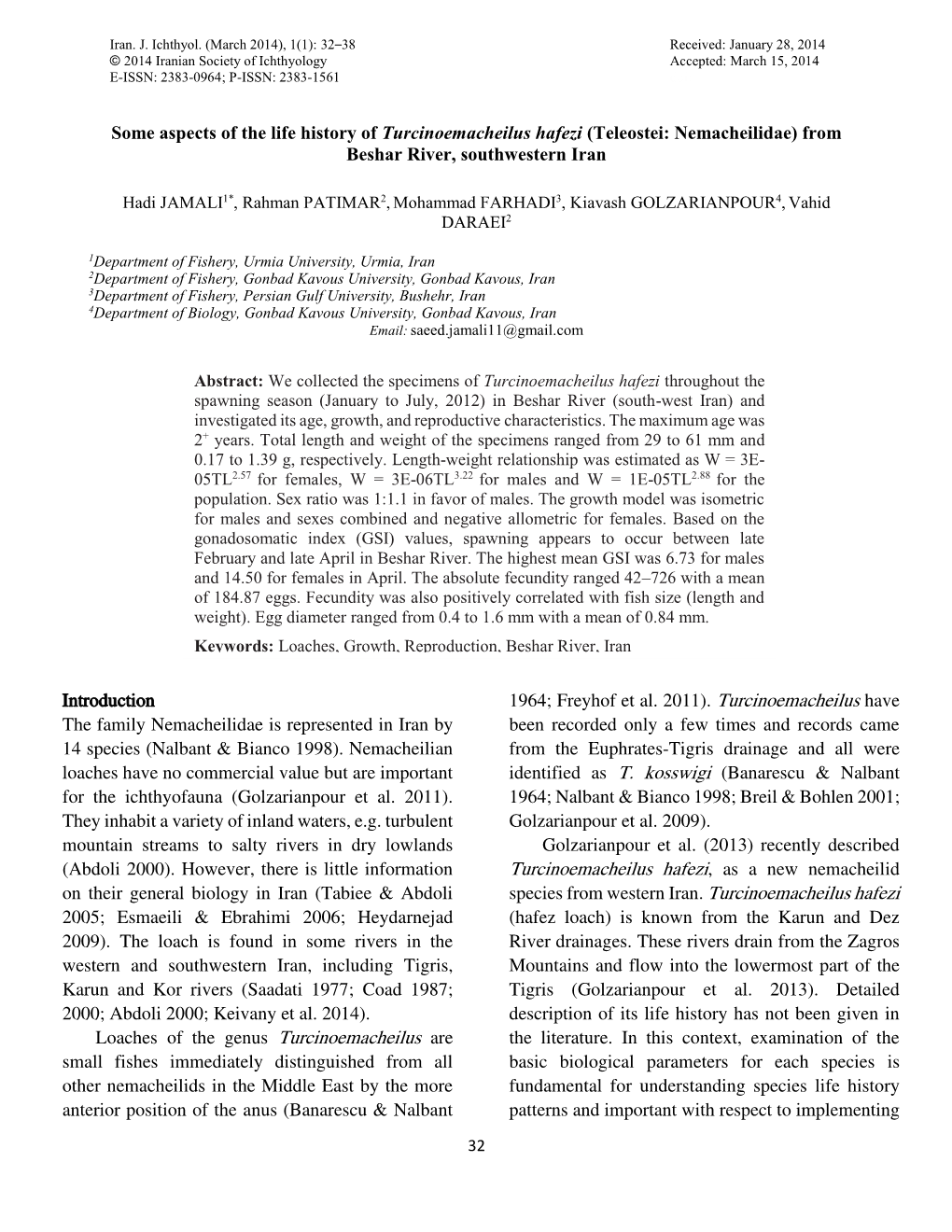 Some Aspects of the Life History of Turcinoemacheilus Hafezi (Teleostei: Nemacheilidae) from Beshar River, Southwestern Iran