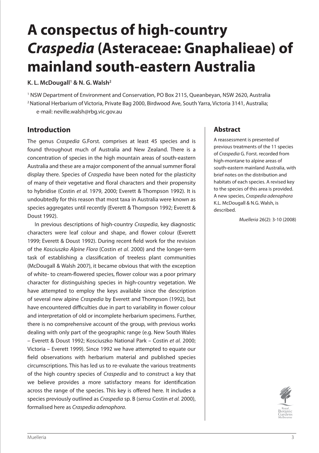 A Conspectus of High-Country Craspedia (Asteraceae: Gnaphalieae) of Mainland South-Eastern Australia K