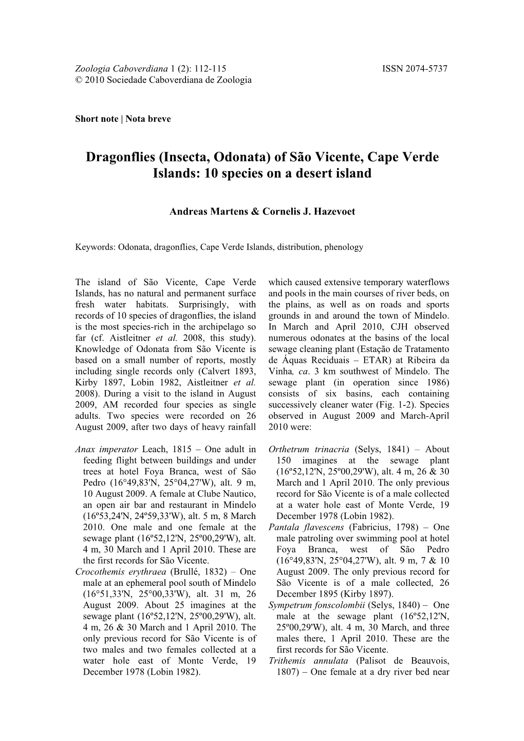 Zoologia Caboverdiana 1 (2): 112-115 ISSN 2074-5737 © 2010 Sociedade Caboverdiana De Zoologia