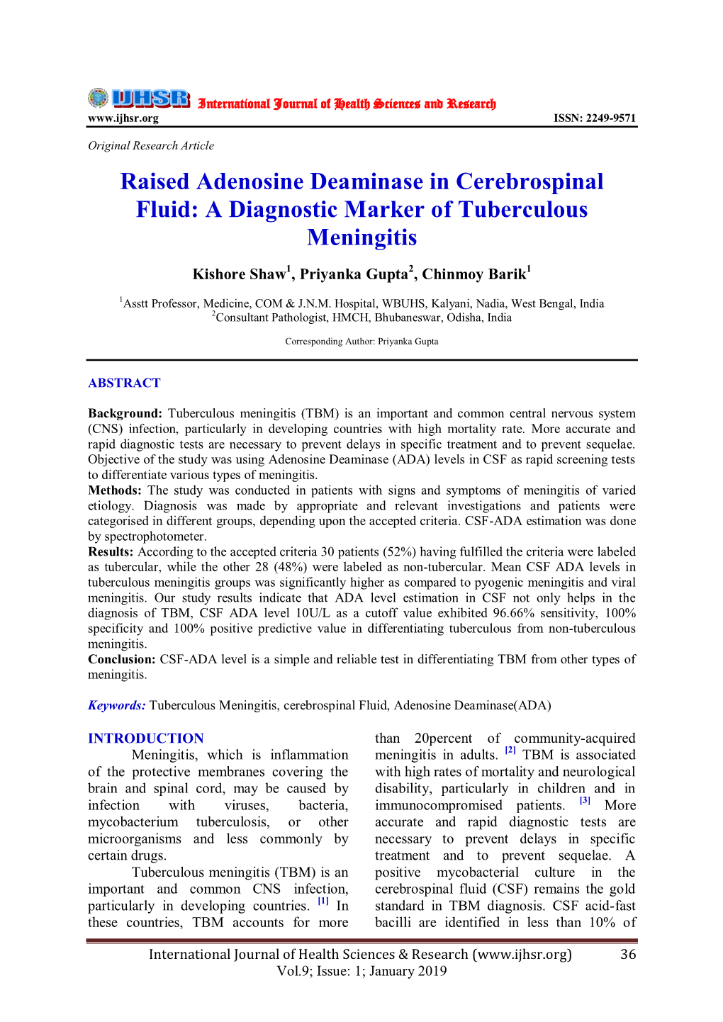 Raised Adenosine Deaminase in Cerebrospinal Fluid: a Diagnostic Marker of Tuberculous Meningitis