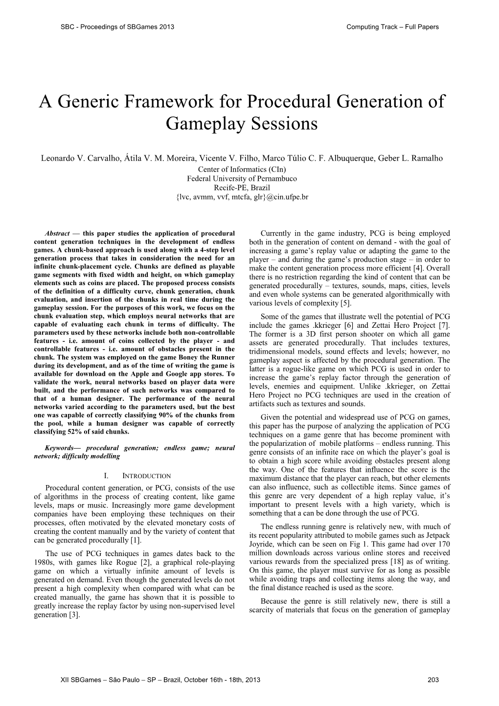 A Generic Framework for Procedural Generation of Gameplay Sessions