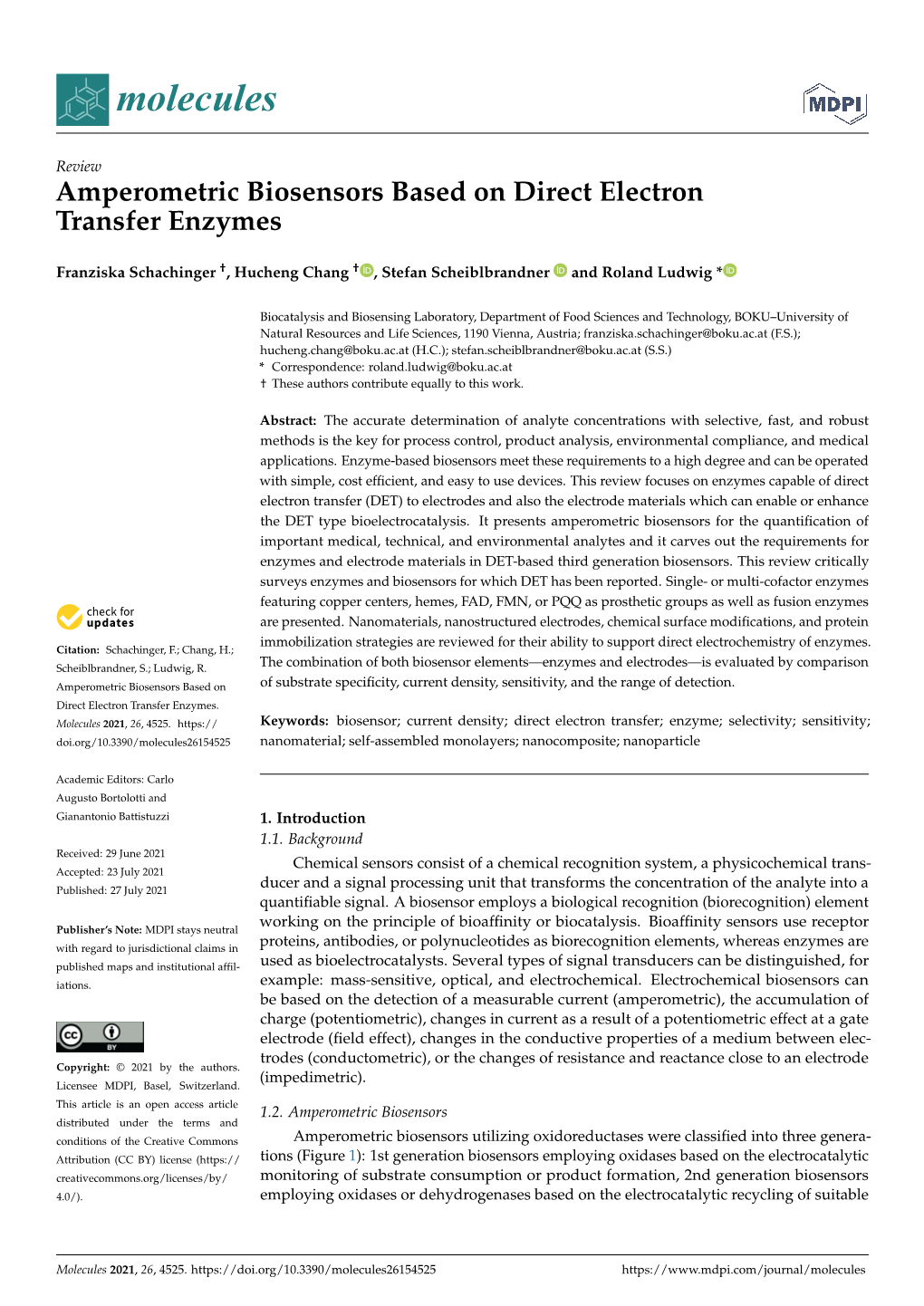 Amperometric Biosensors Based on Direct Electron Transfer Enzymes