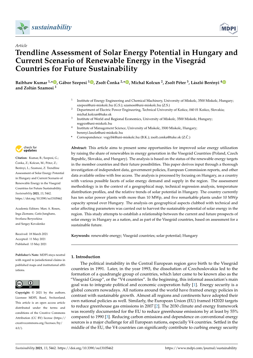 Trendline Assessment of Solar Energy Potential in Hungary and Current Scenario of Renewable Energy in the Visegrád Countries for Future Sustainability