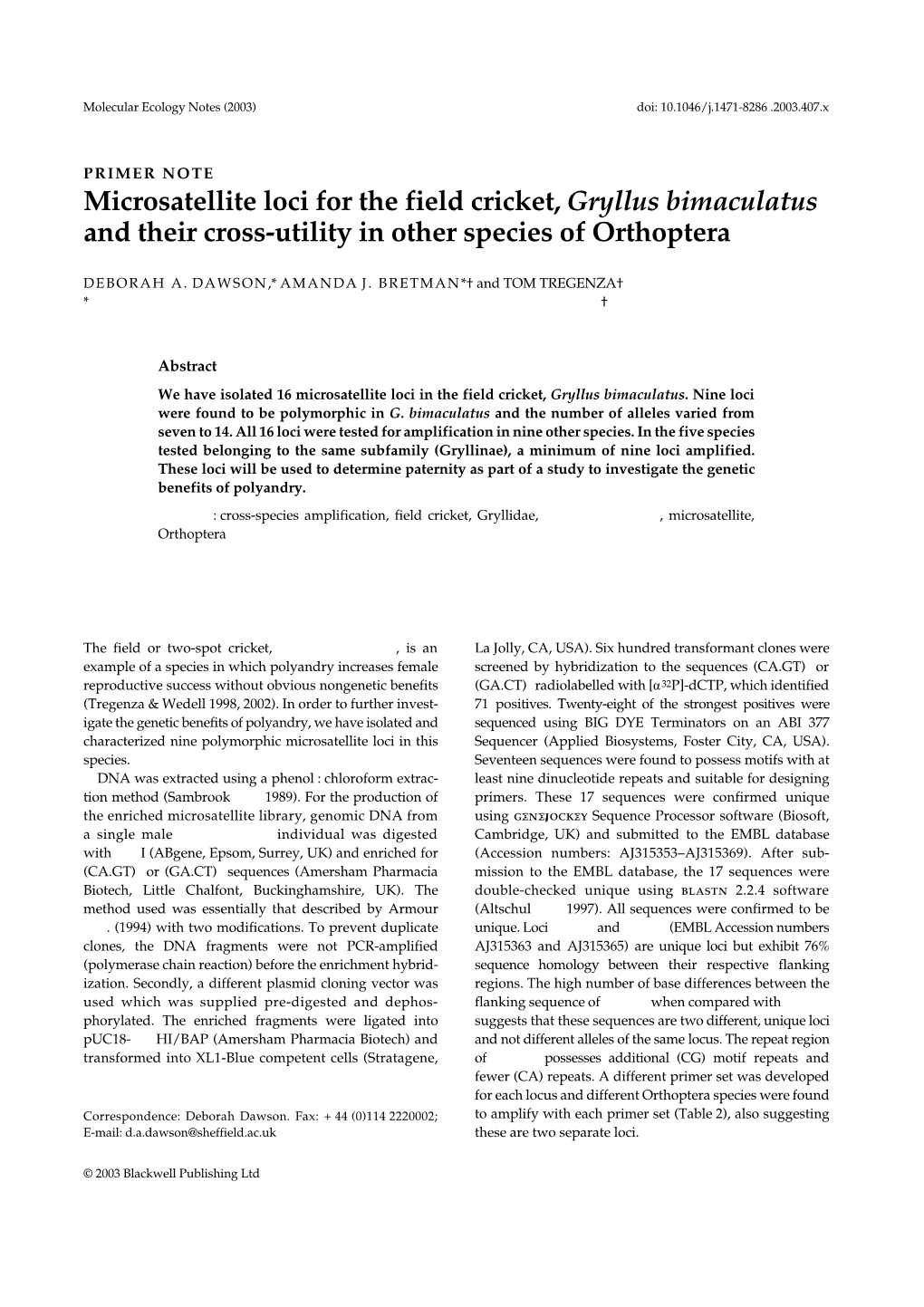 Microsatellite Loci for the Field Cricket, Gryllus Bimaculatus and Their Cross-Utility in Other Species of Orthoptera