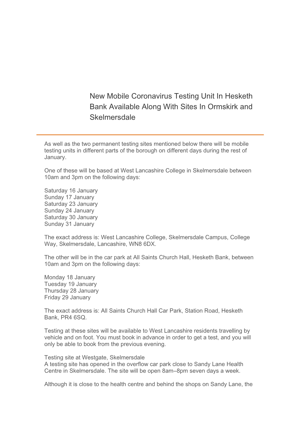 New Mobile Coronavirus Testing Unit in Hesketh Bank Available Along with Sites in Ormskirk and Skelmersdale