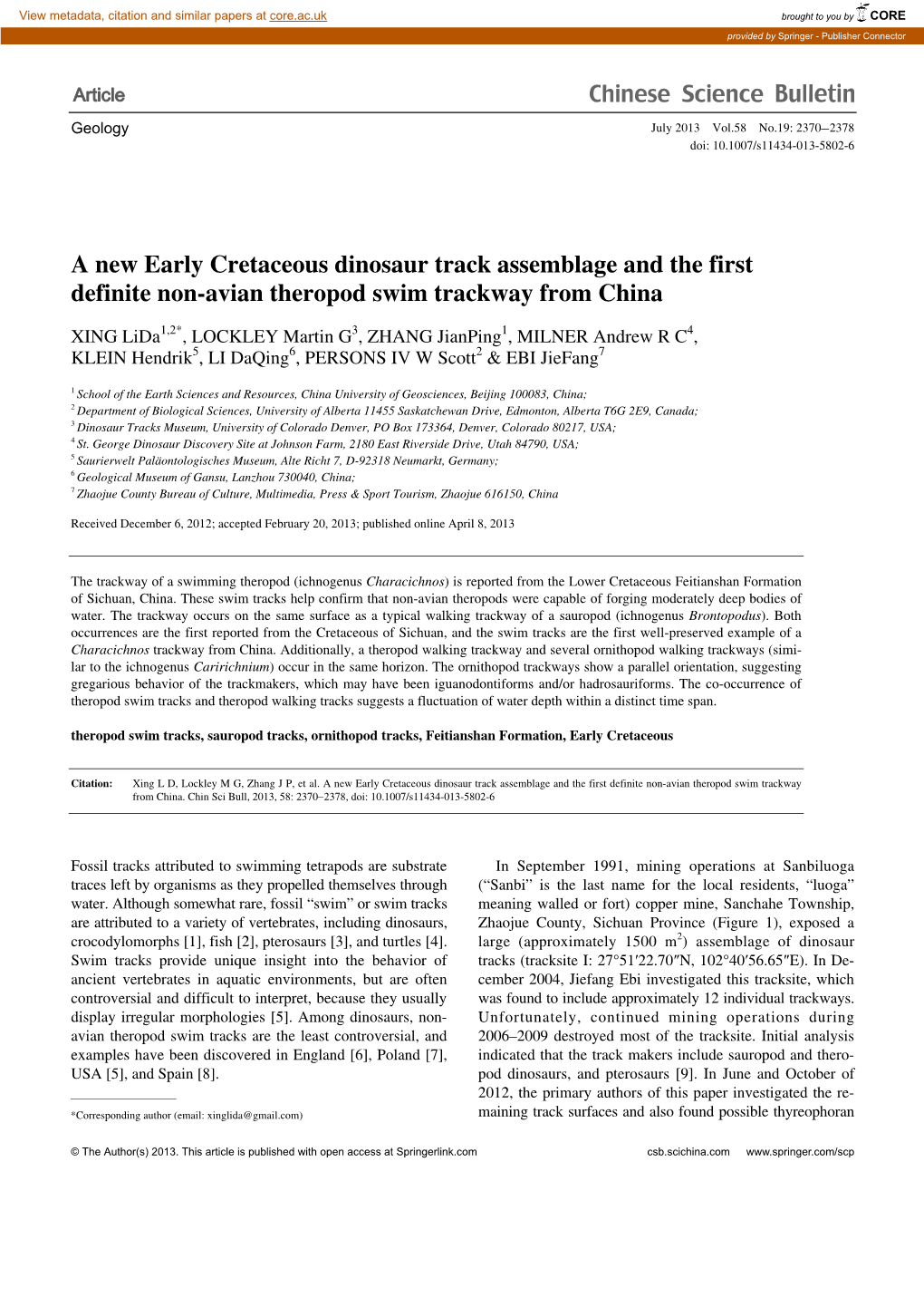 A New Early Cretaceous Dinosaur Track Assemblage and the First Definite Non-Avian Theropod Swim Trackway from China