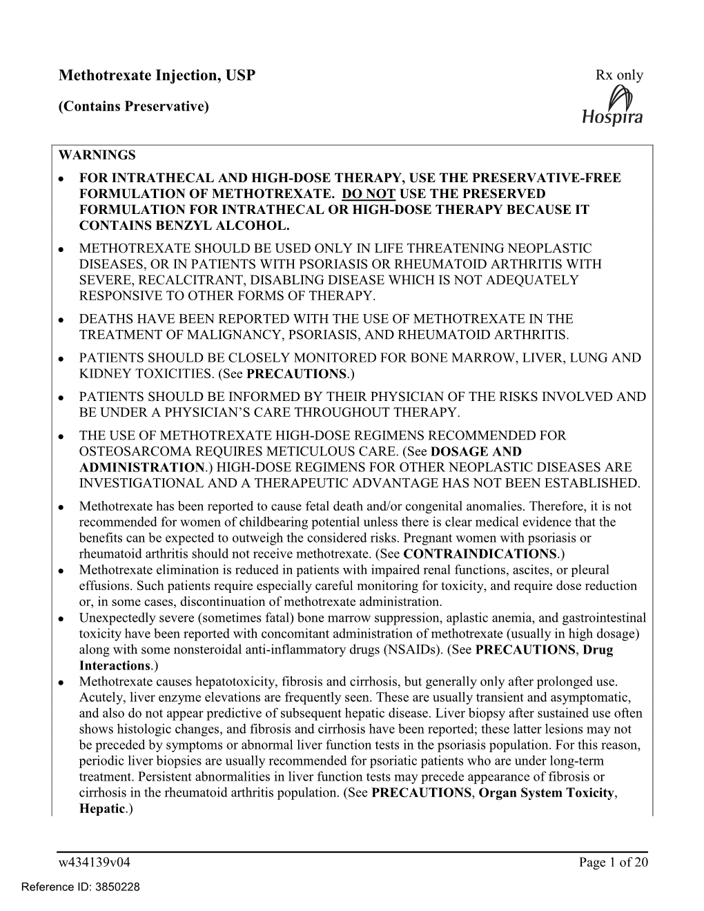 Methotrexate Injection, USP Rx Only