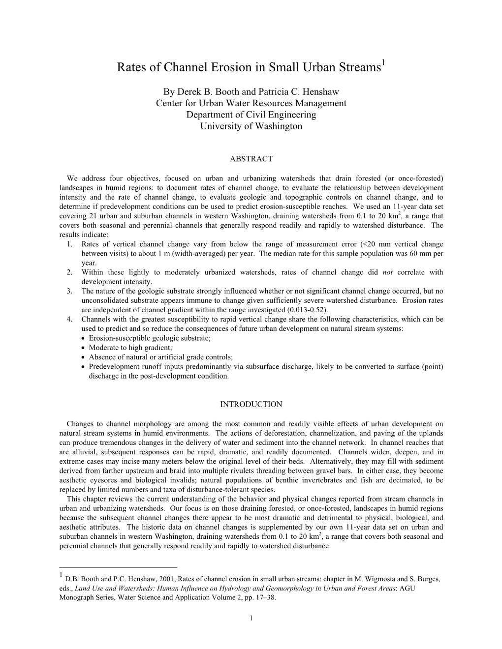 Rates of Channel Erosion in Small Urban Streams1