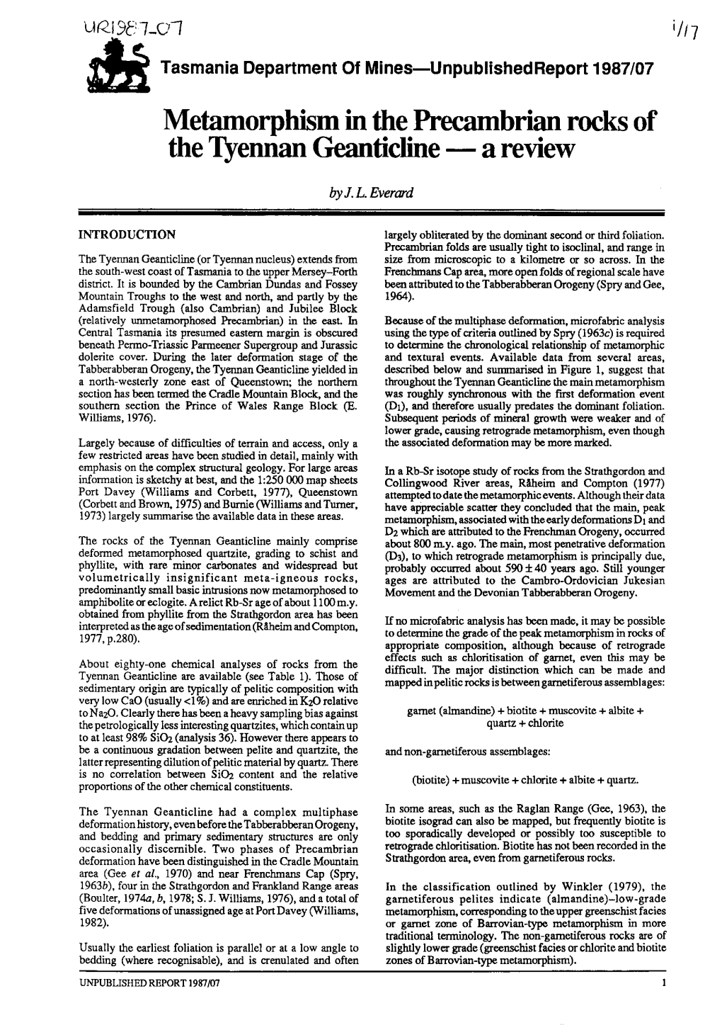 Metamorphism in the Precambrian Rocks of the 1)Rennan Geanticline - a Review