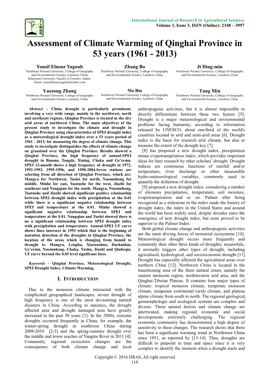 Assessment of Climate Warming of Qinghai Province in 53 Years (1961 - 2013)