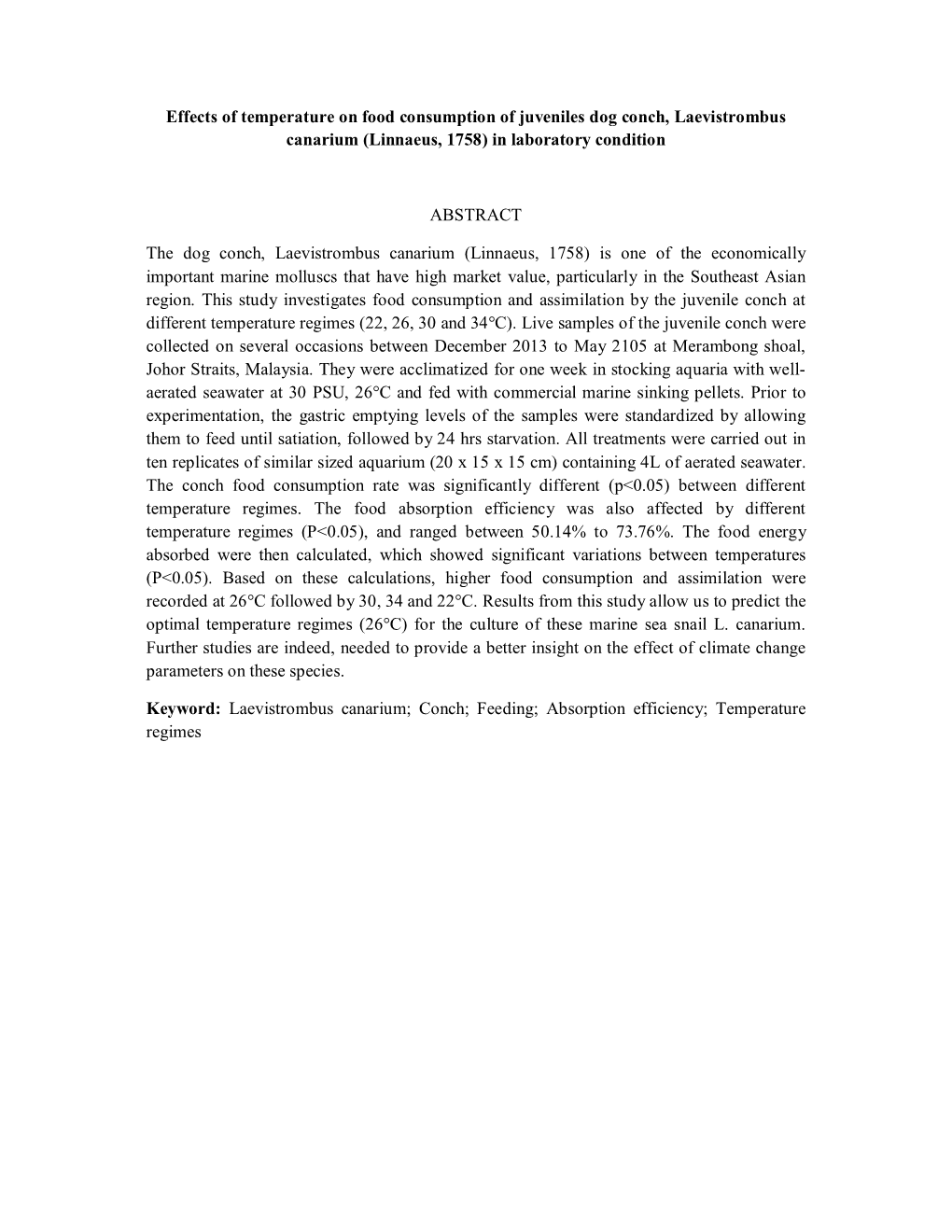 Effects of Temperature on Food Consumption of Juveniles Dog Conch, Laevistrombus Canarium (Linnaeus, 1758) in Laboratory Condition