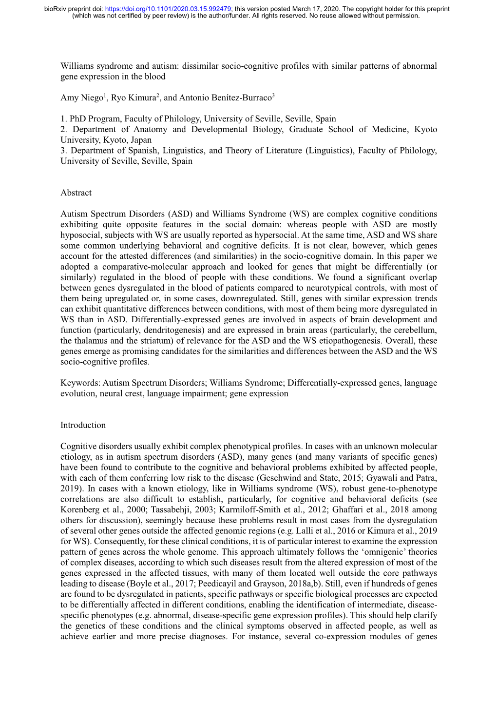 Williams Syndrome and Autism: Dissimilar Socio-Cognitive Profiles with Similar Patterns of Abnormal Gene Expression in the Blood