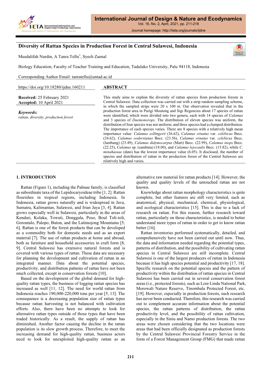 Diversity of Rattan Species in Production Forest in Central Sulawesi, Indonesia