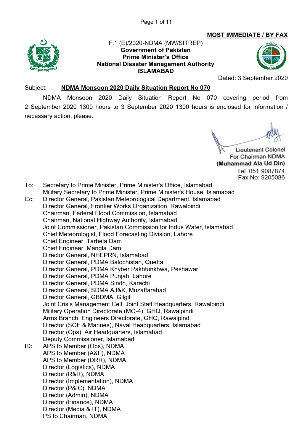 2020-NDMA (MW/SITREP) Government of Pakistan Prime Minister’S Office National Disaster Management Authority ISLAMABAD Dated: 3 September 2020