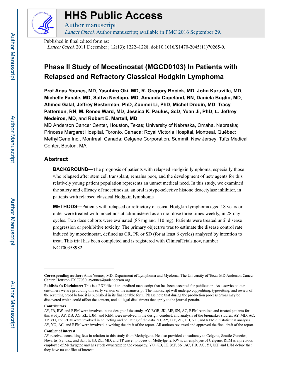 Phase II Study of Mocetinostat (MGCD0103) in Patients with Relapsed and Refractory Classical Hodgkin Lymphoma