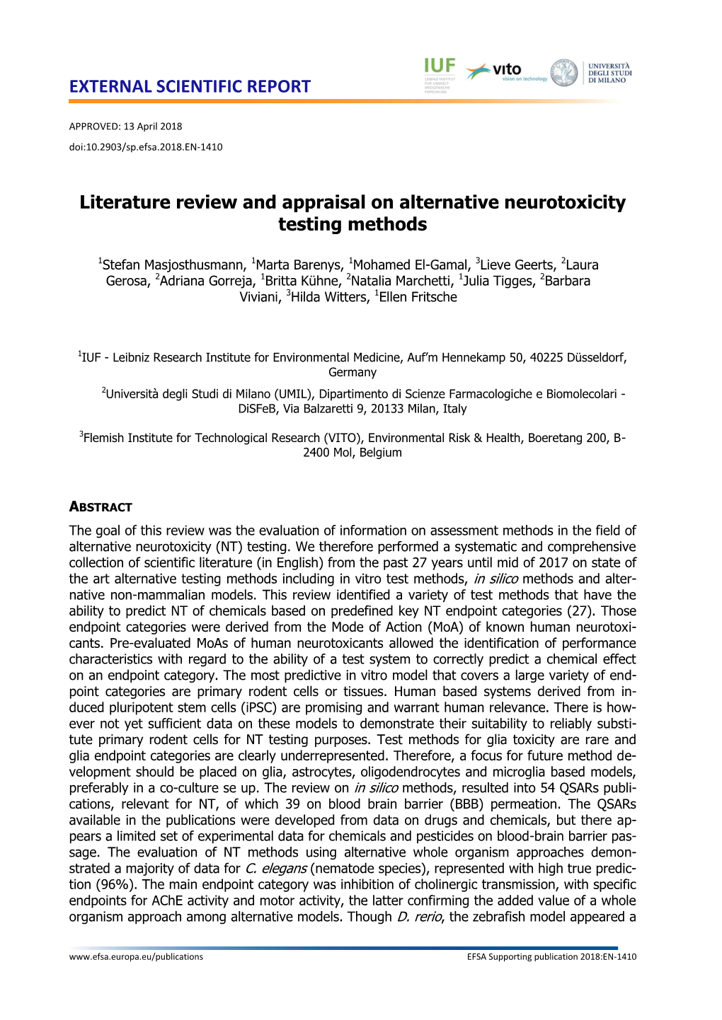 Literature Review and Appraisal on Alternative Neurotoxicity Testing Methods