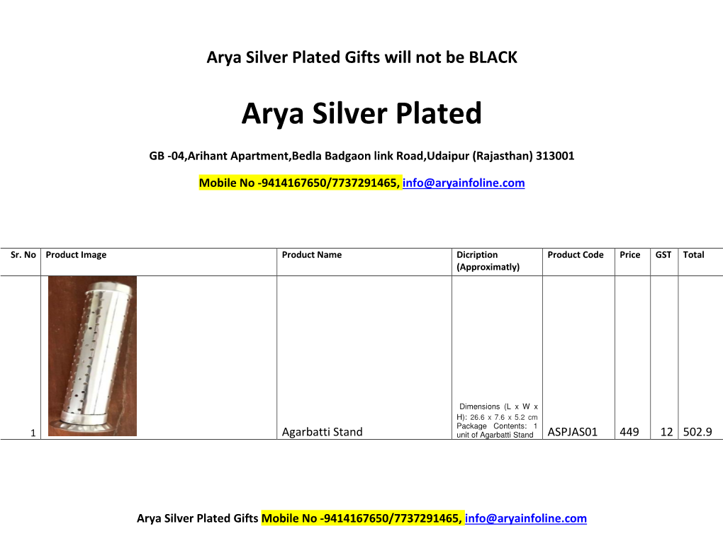 Arya Silver Plated Gifts Will Not Be BLACK