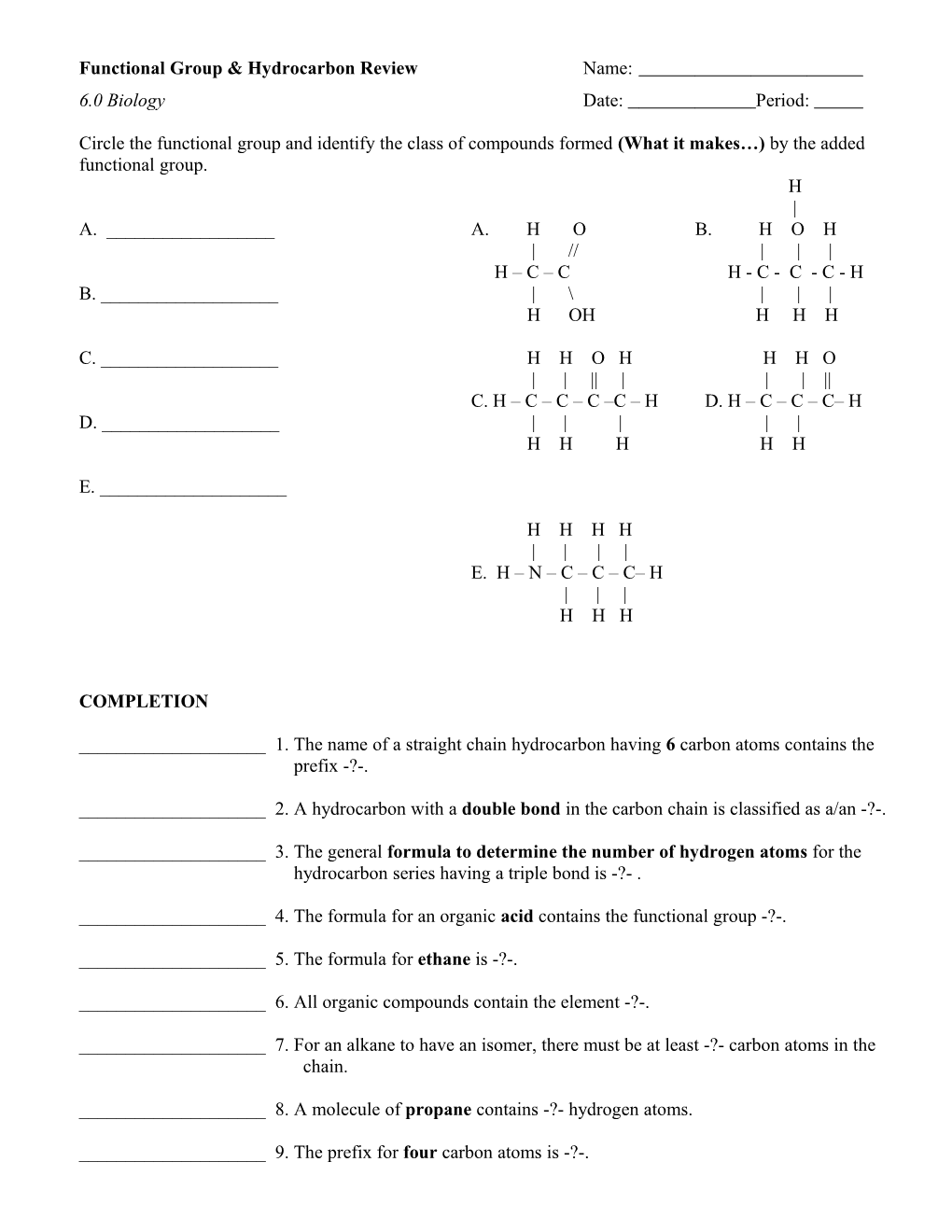 Functional Group & Hydrocarbon Review Name