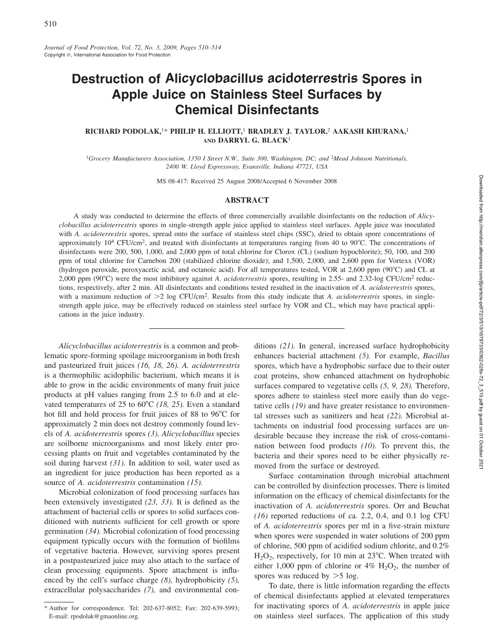 <I>Alicyclobacillus Acidoterrestris</I>