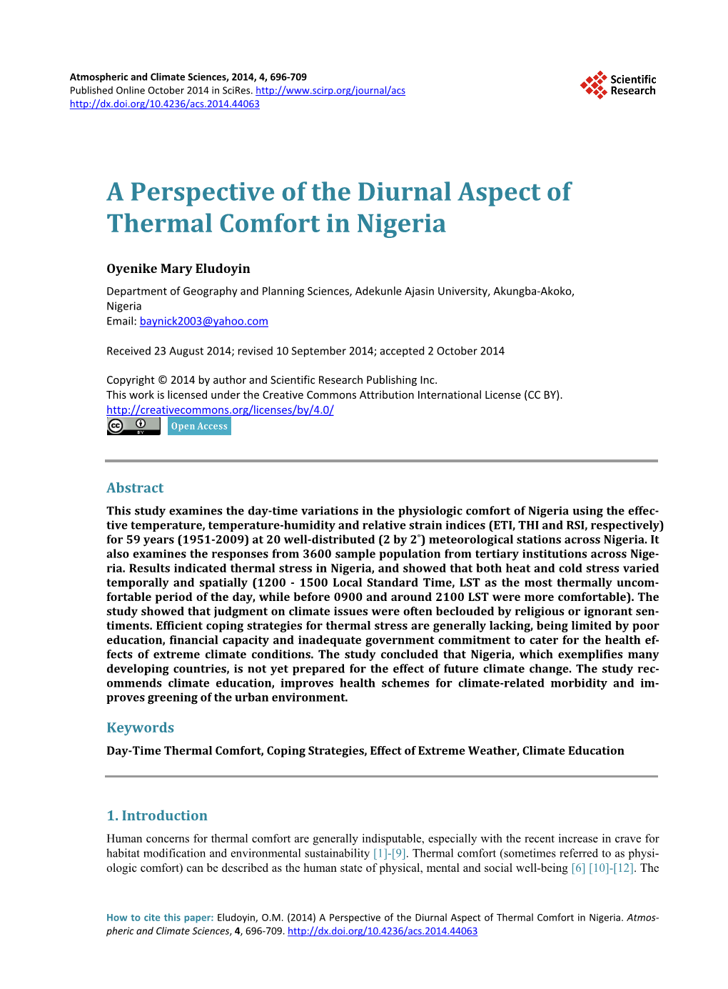 A Perspective of the Diurnal Aspect of Thermal Comfort in Nigeria