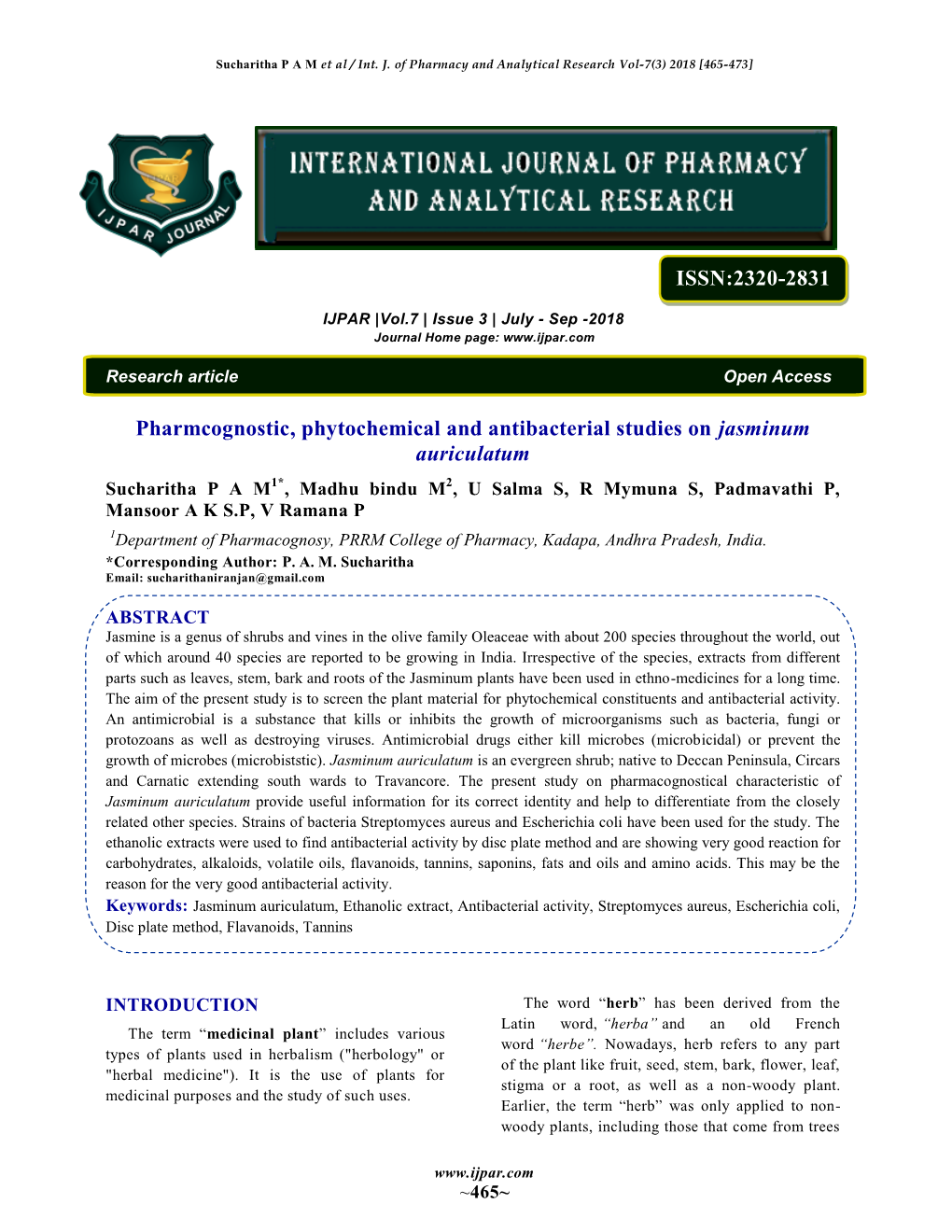 Pharmcognostic, Phytochemical and Antibacterial Studies on Jasminum Auriculatum ISSN:2320-2831