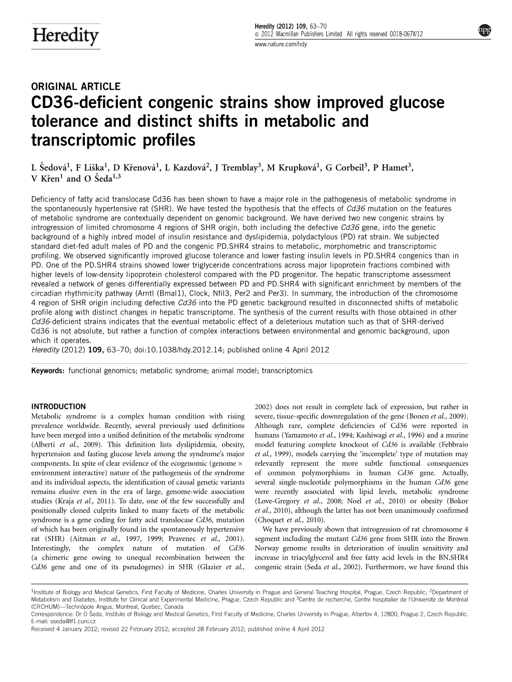 CD36-Deficient Congenic Strains Show Improved Glucose Tolerance And