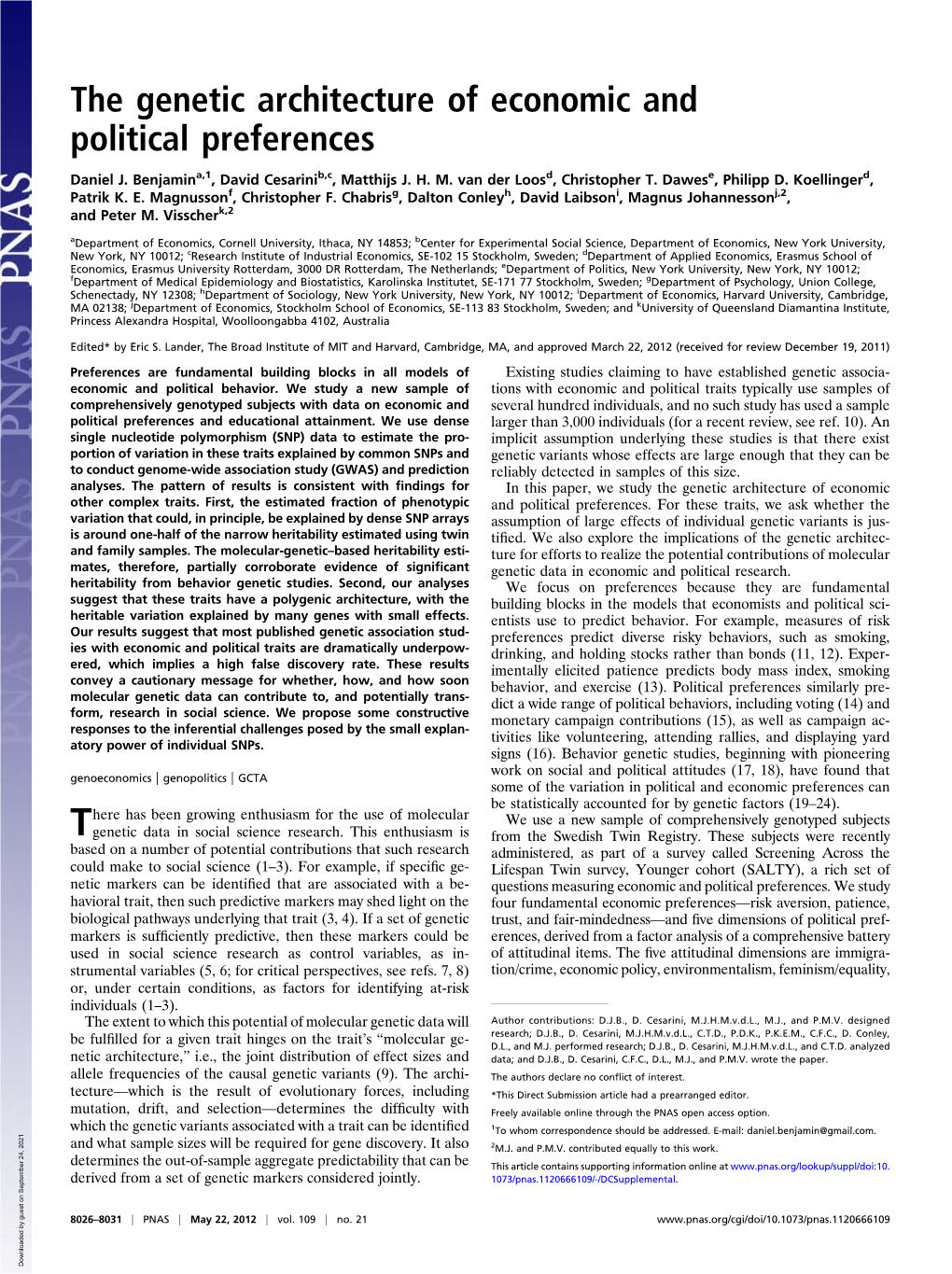 The Genetic Architecture of Economic and Political Preferences