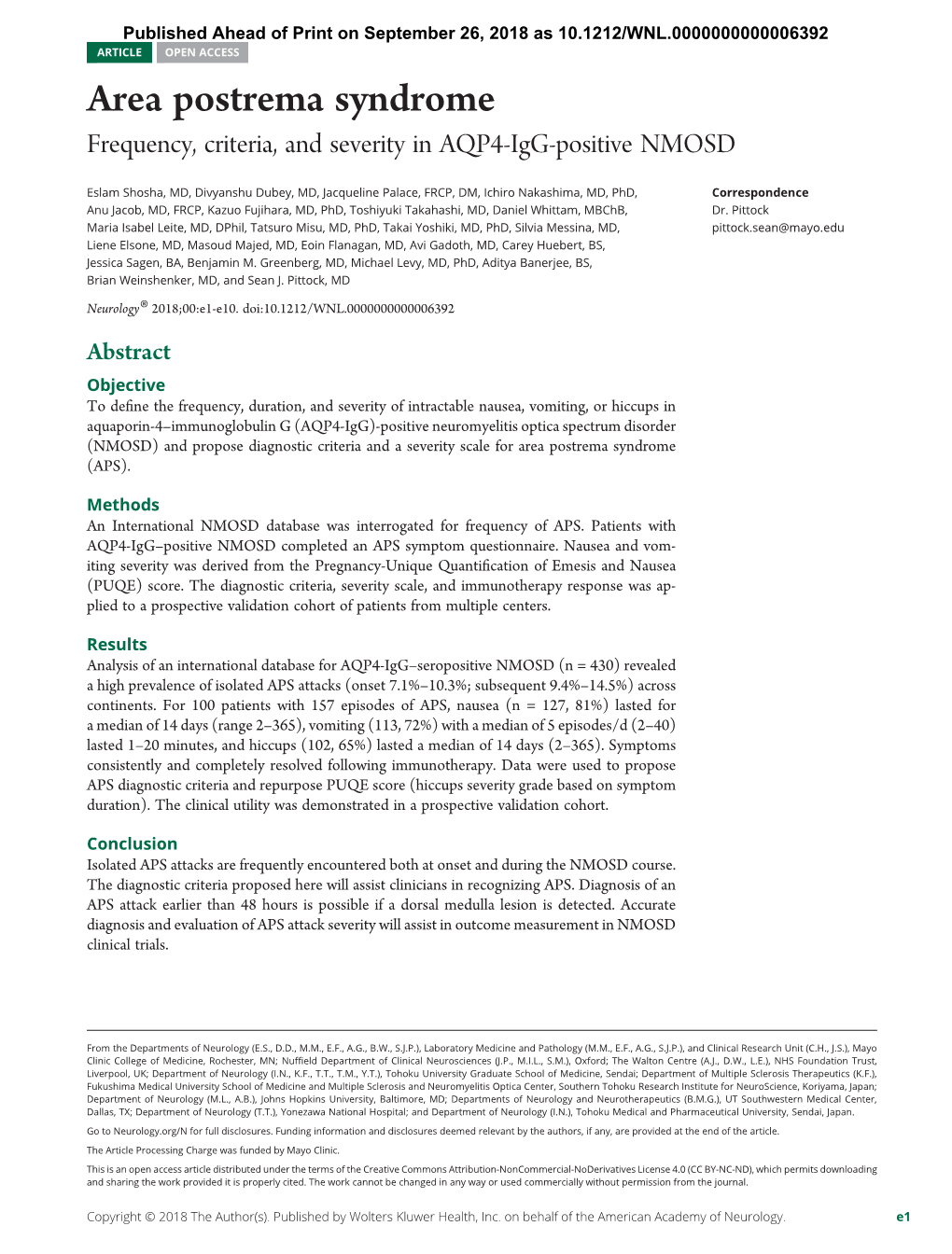 Area Postrema Syndrome Frequency, Criteria, and Severity in AQP4-Igg-Positive NMOSD